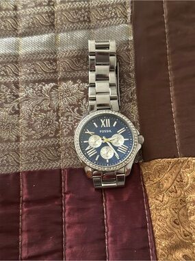 Fossil Silver-Tone Watch with Blue Dial and Crystal Bezel